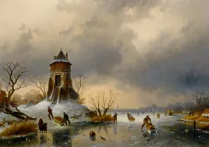 A Winter Landscape with Skaters on the Ice by Charles Henri Joseph Leickert - Oil Painting Reproduction