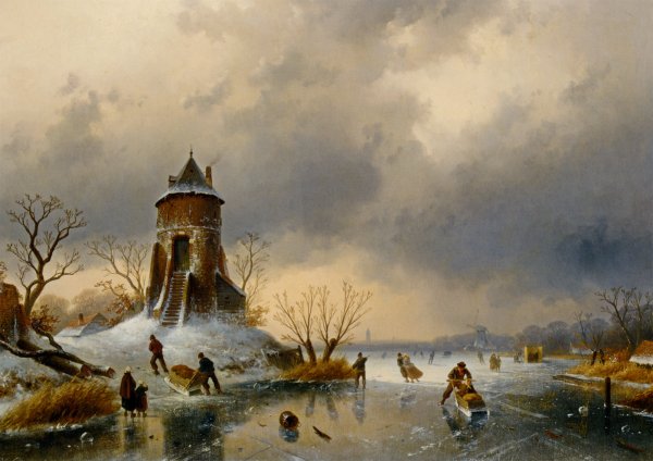 Main Product Photo of A Winter Landscape with Skaters on the Ice Painting by Charles Henri Joseph Leickert