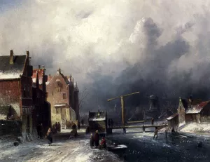 Figures In A Dutch Town By A Frozen Canal by Charles Henri Joseph Leickert Oil Painting