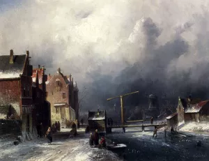 Figures In A Dutch Town By A Frozen Canal Oil painting by Charles Henri Joseph Leickert