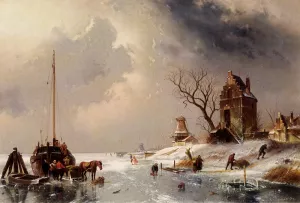Figures Loading A Horse-Drawn Cart On The Ice by Charles Henri Joseph Leickert - Oil Painting Reproduction