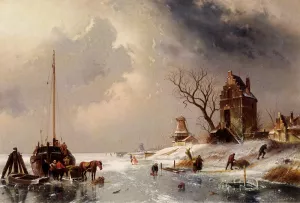 Figures Loading A Horse-Drawn Cart On The Ice Oil painting by Charles Henri Joseph Leickert