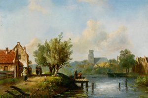 Figures Near a Waterside Inn by Charles Henri Joseph Leickert Oil Painting