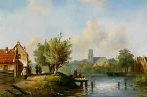 Figures Near a Waterside Inn by Charles Henri Joseph Leickert - Oil Painting Reproduction