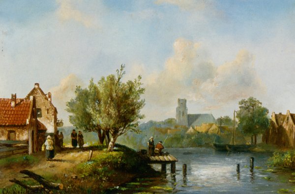 Main Product Photo of Figures Near a Waterside Inn Painting by Charles Henri Joseph Leickert