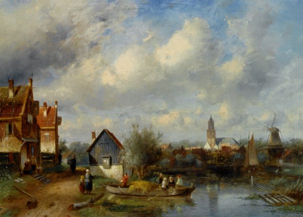 Main Product Photo of Figures on a Barge Near a Winterside Village Painting by Charles Henri Joseph Leickert