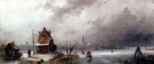 Figures On A Frozen Lake by Charles Henri Joseph Leickert Oil Painting
