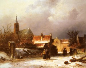 Figures on a Snow Covered Path with a Dutch Town beyond by Charles Henri Joseph Leickert Oil Painting