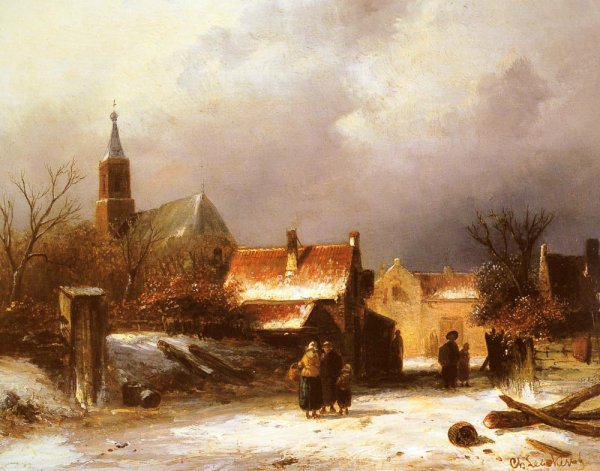 Main Product Photo of Figures on a Snow Covered Path with a Dutch Town beyond Painting by Charles Henri Joseph Leickert