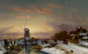 Landscape with Skaters on the Ice Oil painting by Charles Henri Joseph Leickert