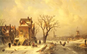Skaters in a Frozen Winter Landscape by Charles Henri Joseph Leickert Oil Painting