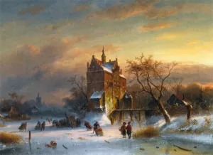 Skaters near a Castle by Charles Henri Joseph Leickert Oil Painting