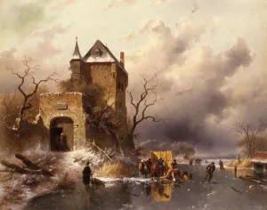 Skaters on a Frozen Lake by the Ruins of a Castle by Charles Henri Joseph Leickert Oil Painting