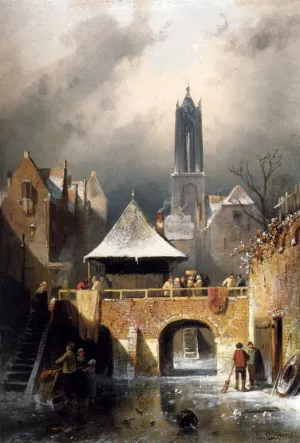 The Frozen River Oil painting by Charles Henri Joseph Leickert