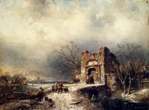 Villagers on a Frozen Path by Charles Henri Joseph Leickert Oil Painting