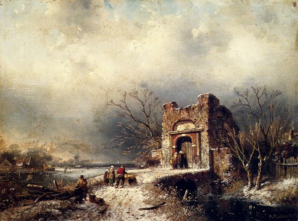 Main Product Photo of Villagers on a Frozen Path Painting by Charles Henri Joseph Leickert