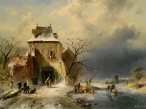 Winter Scene with Figures by Charles Henri Joseph Leickert - Oil Painting Reproduction