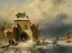 Winter Scene with Figures Oil painting by Charles Henri Joseph Leickert