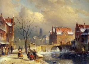Winter Villagers on a Snowy Street by a Canal by Charles Henri Joseph Leickert Oil Painting