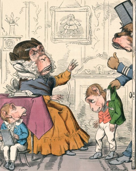 The Ape And Her Two Young Ones  by Charles Henry Bennett - Hand-Painted Oil Painting Reproduction