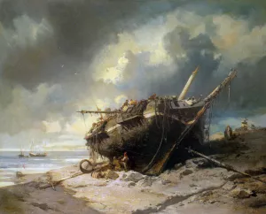Dismantling a Beached Shipwreck by Charles Hoguet - Oil Painting Reproduction
