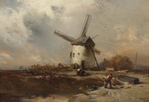 Landschaft mit Windmuhlen und figurlicher Staffage by Charles Hoguet Oil Painting