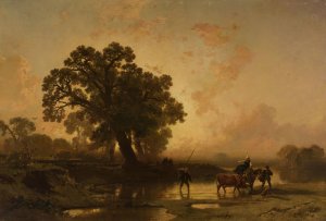 Riverside landscape at sunset by Charles Hoguet Oil Painting