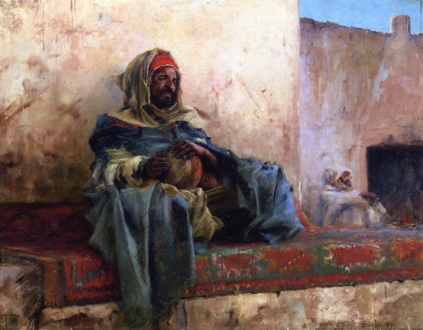 Main Product Photo of Playing the Derbakeh, Biskra Painting by Charles James Theriat