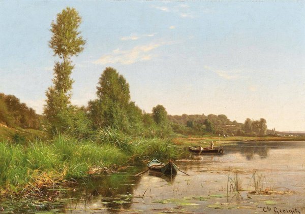 Main Product Photo of An Angler by the River Painting by Charles-Jean Georget