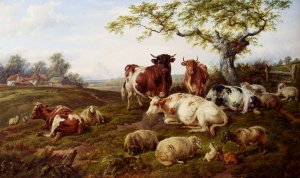 Resting Cattle, Sheep and Deer, a Farm Beyond