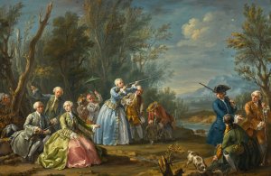 Two Court Ladies Out Shooting With Their Retinue by Charles-Joseph Flipart Oil Painting