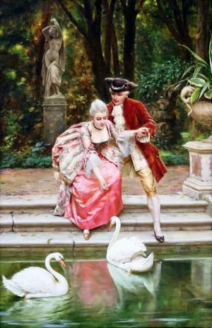 Feeding the Swans by Charles Joseph Soulacroix Oil Painting