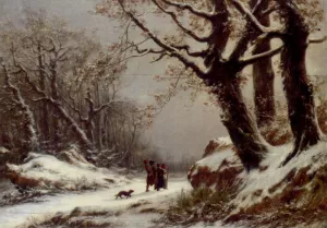 Travellers in Winter Woodland Oil painting by Charles Joseph Lecointe