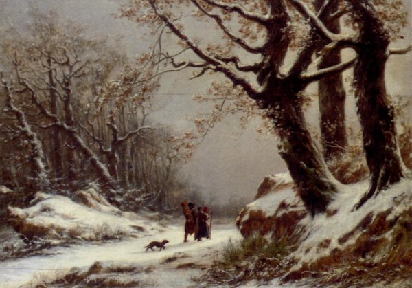 Travellers in Winter Woodland