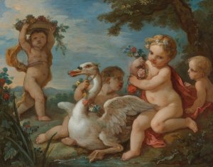 Putti Adorning A Swan With A Garland Of Flowers by Charles-Joseph Natoire Oil Painting