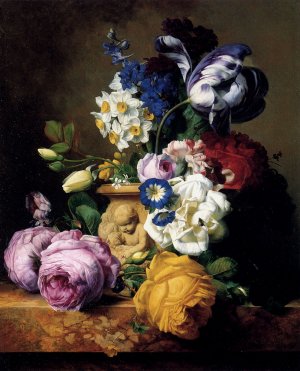 Roses, Tulips, Morning Glory, Delphinium and Primrose Peerless in a Terra Cotta Vase on a Marble Ledge
