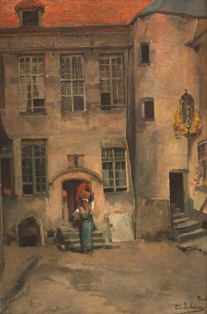 Roman courtyard by Charles Lefebvre Oil Painting