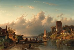 A ferry crossing a river in the evening by Charles Leickert Oil Painting
