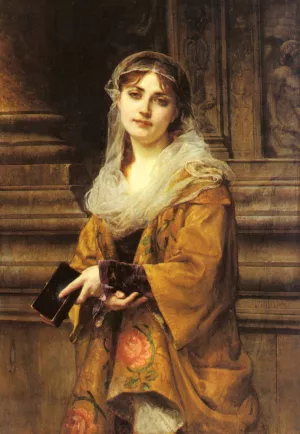 A Young Woman Outside a Church by Charles Louis Mueller - Oil Painting Reproduction