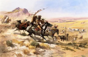 Attack on a Wagon Train by Charles Marion Russell Oil Painting