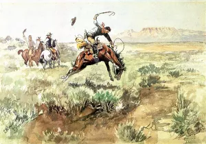 Bronco Busting by Charles Marion Russell - Oil Painting Reproduction