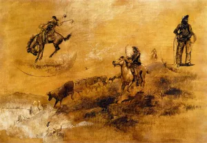 Bronco Busting/Driving In by Charles Marion Russell Oil Painting