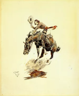 Bucking Horse and Cowgirl by Charles Marion Russell Oil Painting