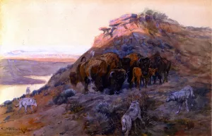 Buffalo Herd at Bay by Charles Marion Russell - Oil Painting Reproduction