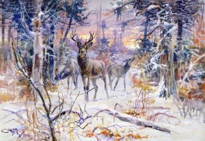 Deer in a Snowy Forest by Charles Marion Russell Oil Painting