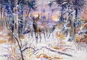 Deer in a Snowy Forest by Charles Marion Russell - Oil Painting Reproduction