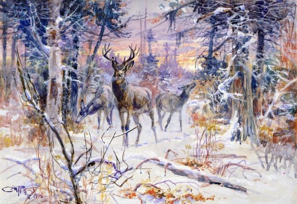 Main Product Photo of Deer in a Snowy Forest Painting by Charles Marion Russell