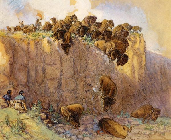 Main Product Photo of Driving Buffalo Over the Cliff Painting by Charles Marion Russell