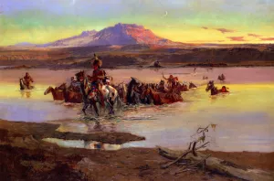 Fording the Horse Herd by Charles Marion Russell - Oil Painting Reproduction