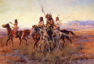 Four Mounted Indians Oil painting by Charles Marion Russell